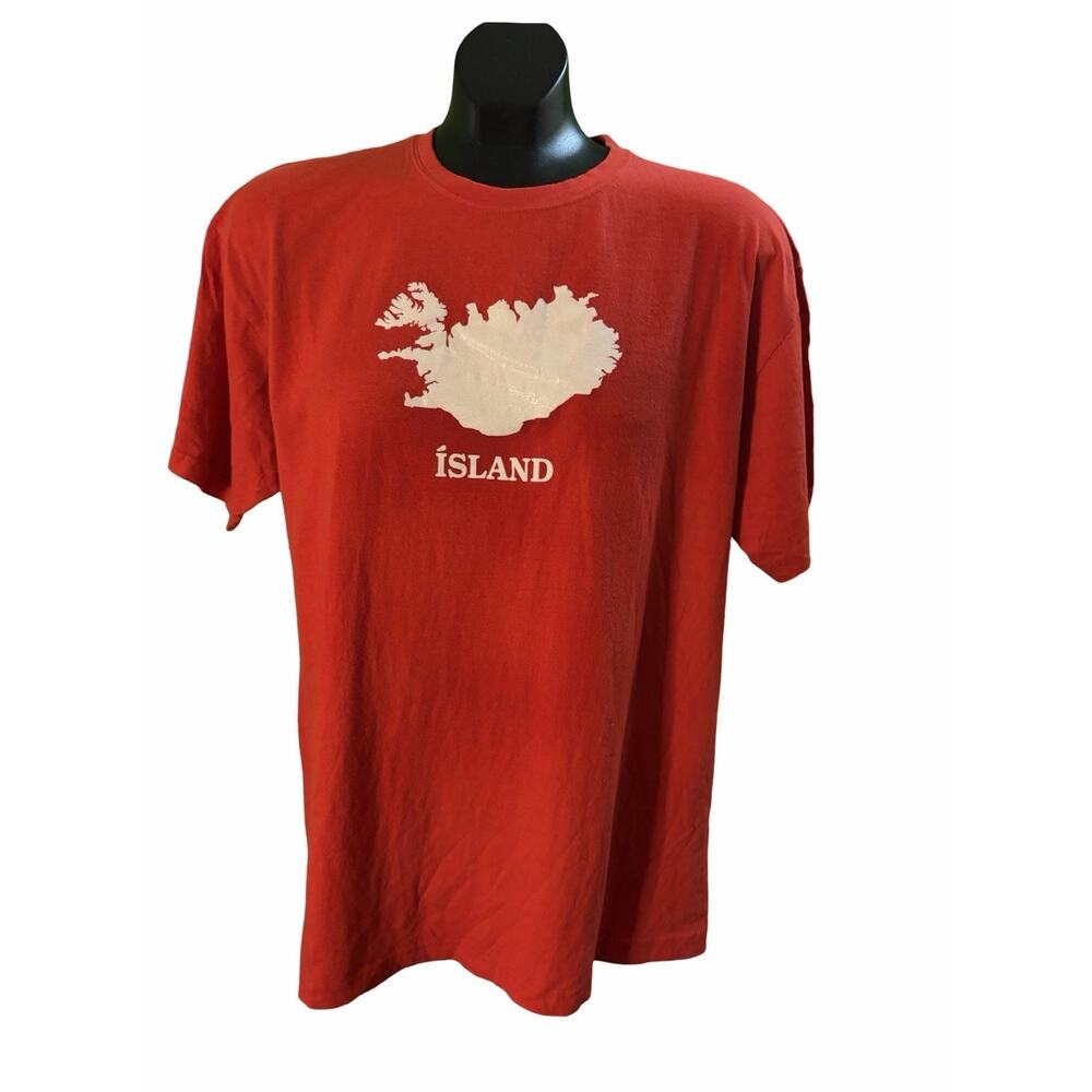 Iceland Graphic T-Shirt Large Red Travel Tourist Tee Map Graphic